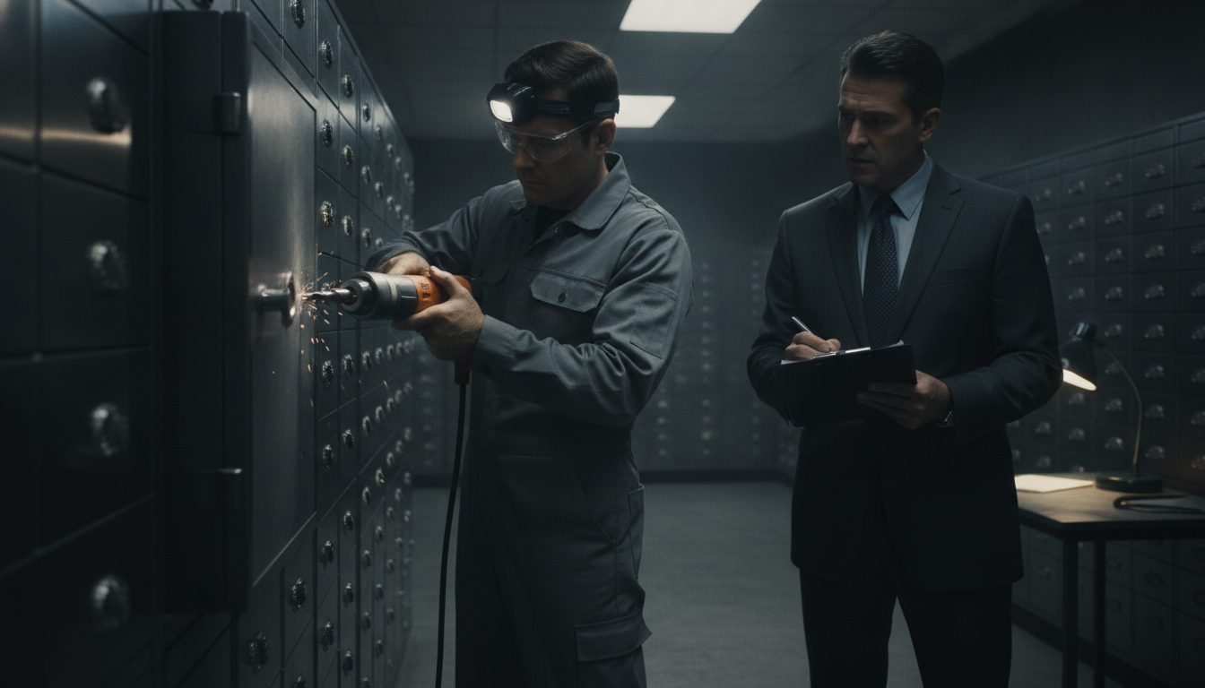 A locksmith drilling an unclaimed safe deposit box in a bank vault while an official inventories the contents.