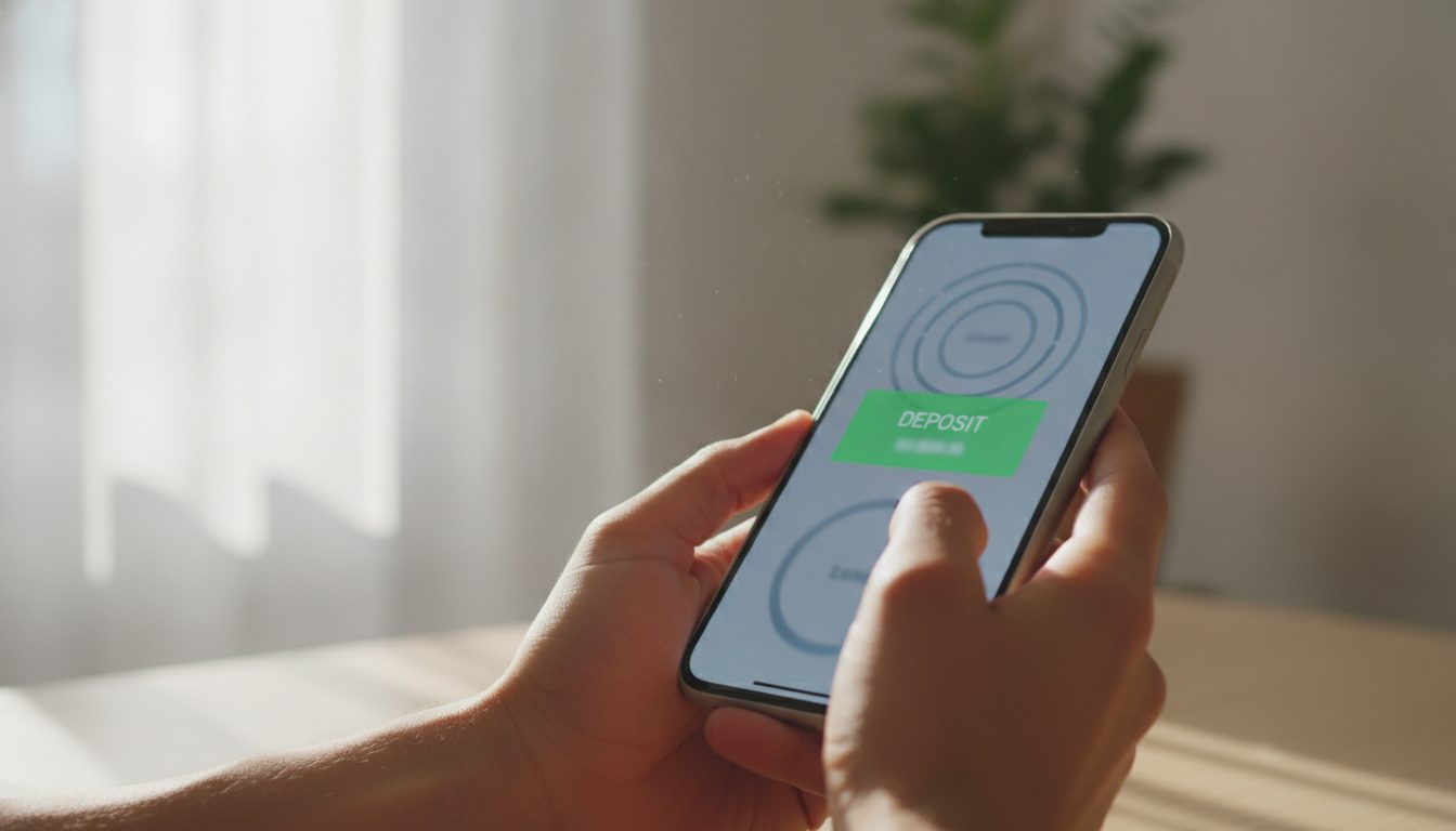 A person holding a smartphone that displays a successful direct deposit.