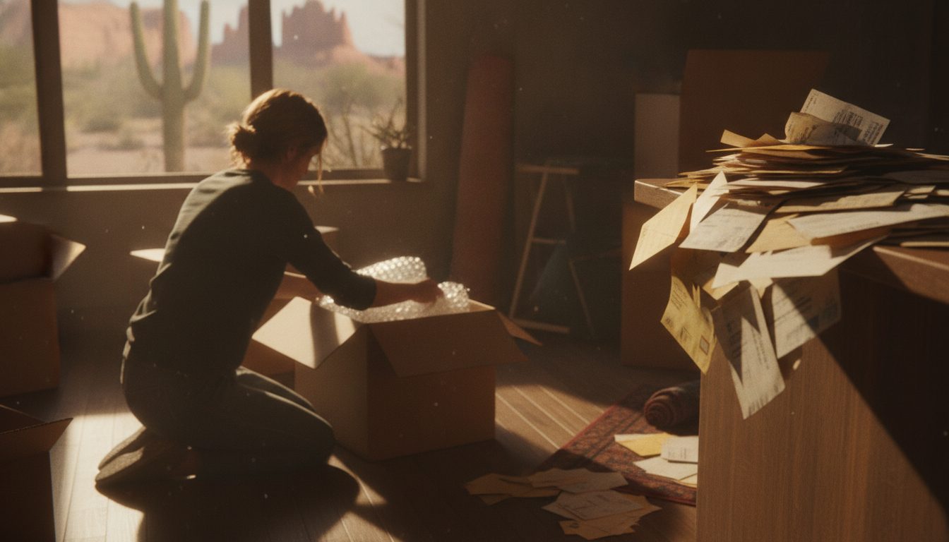 A person packing a box with a stack of mail on a counter in a sun-drenched room.