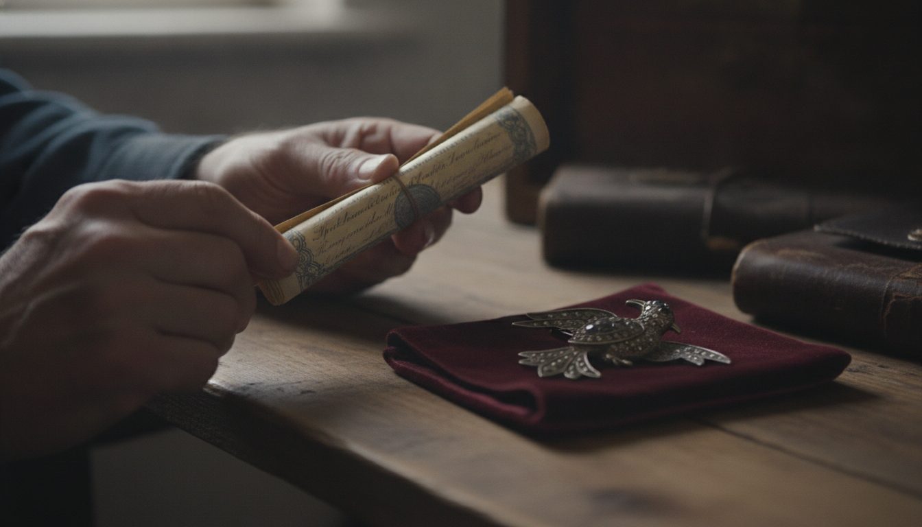 A person's hands examining an unreadable stock certificate and vintage jewelry from a safe deposit box.