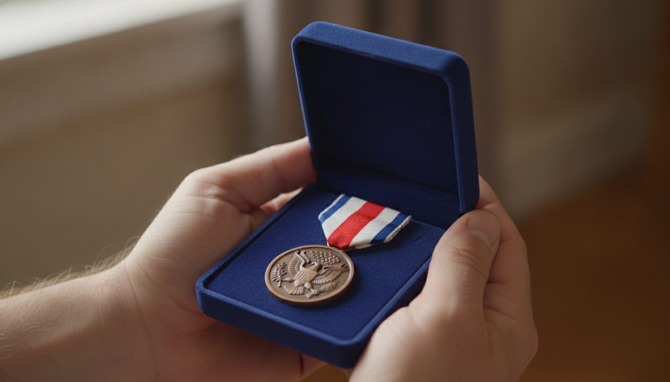 Close-up of a person’s hands holding a recovered military medal in a presentation box.