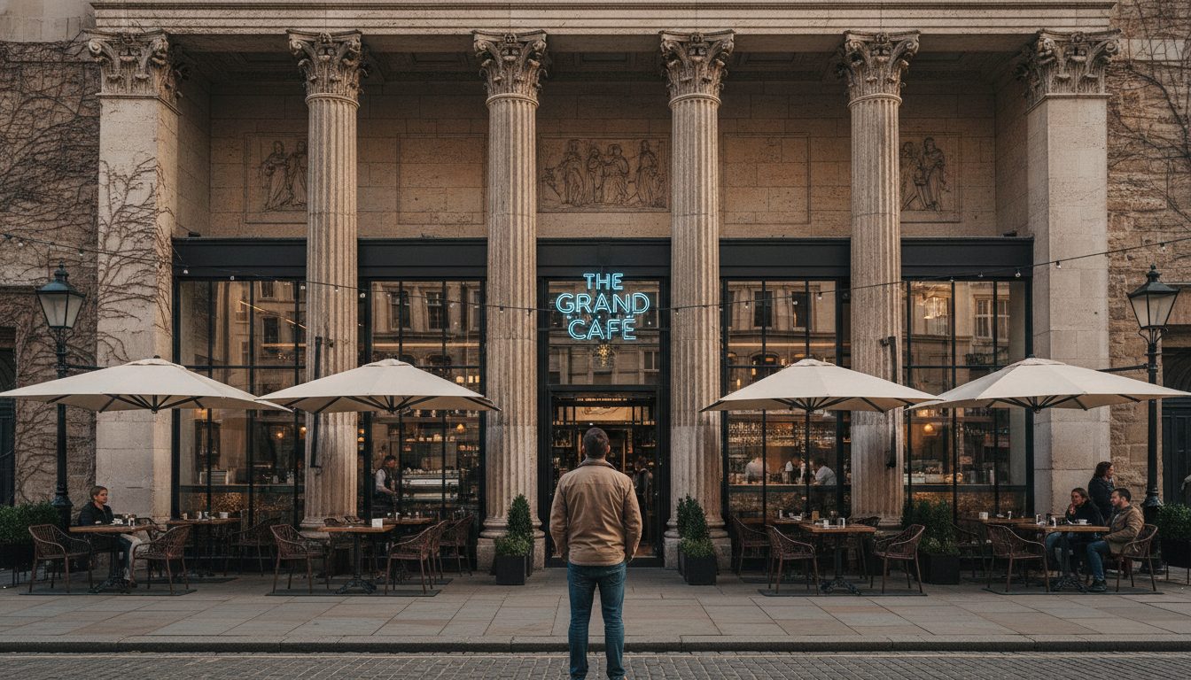 A person looking at a historic stone building with pillars that has been repurposed as a cafe.