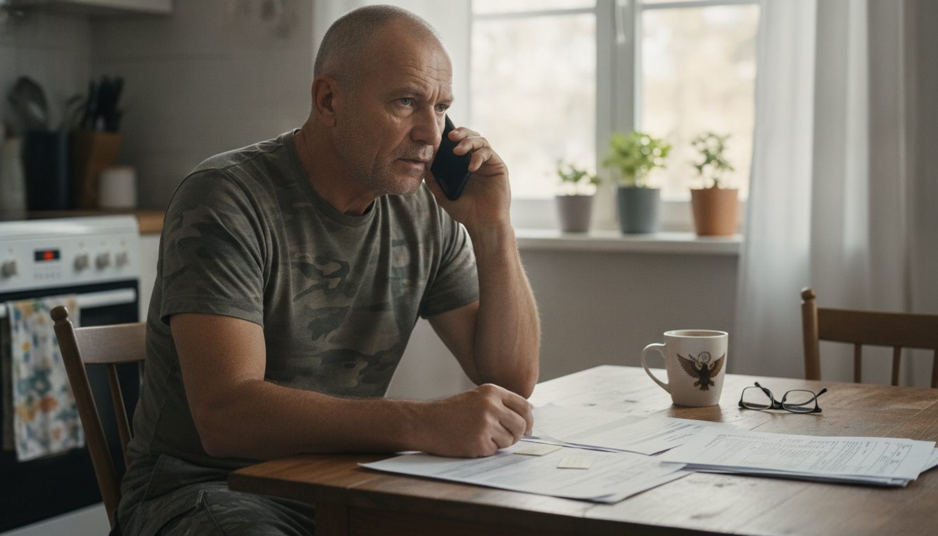 A veteran on a phone call while looking at paperwork.