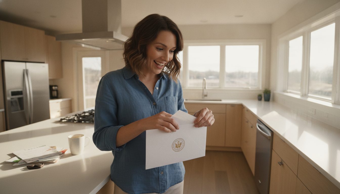 A person opening a state check envelope in a sunny kitchen setting.
