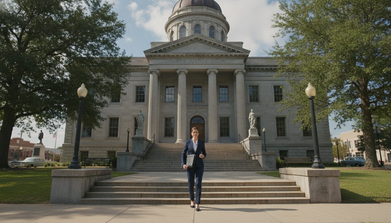 A person entering a county courthouse with a claim folder.