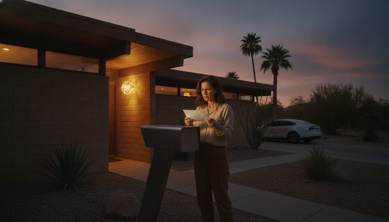 Person at a mailbox looking at a letter under a porch light.