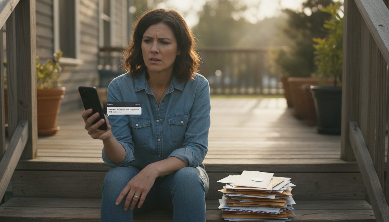 A woman looking skeptically at a smartphone while sitting on porch steps.