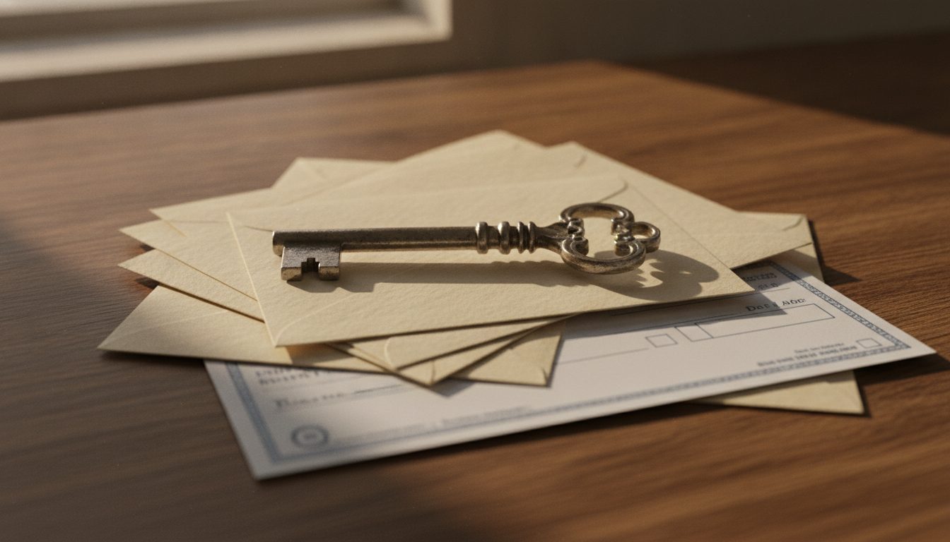 A silver key resting on a stack of mail and a check.