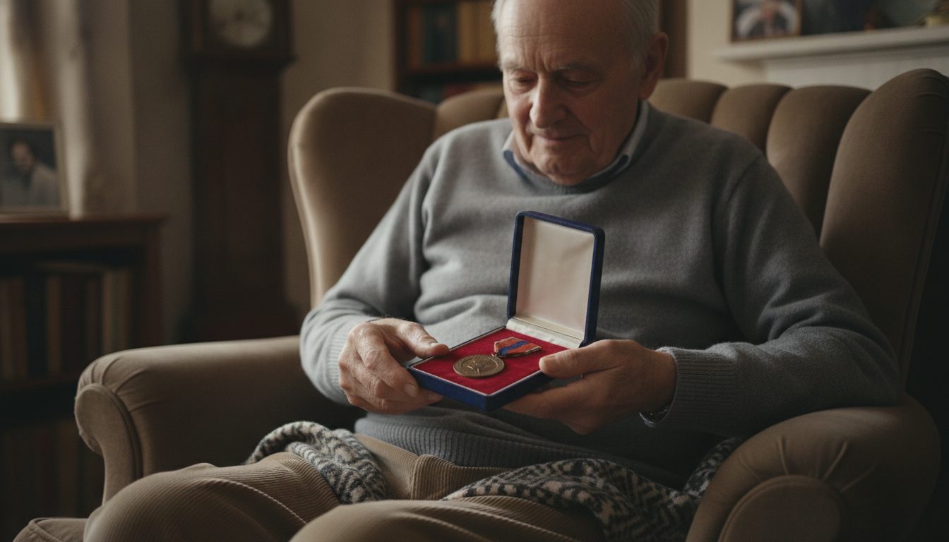 An older person holding a military medal recovered from unclaimed property.