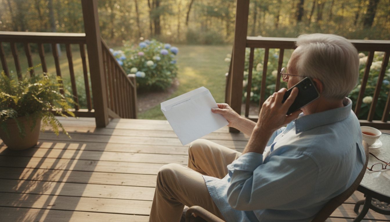 An older person on a porch holding a smartphone and a formal envelope.