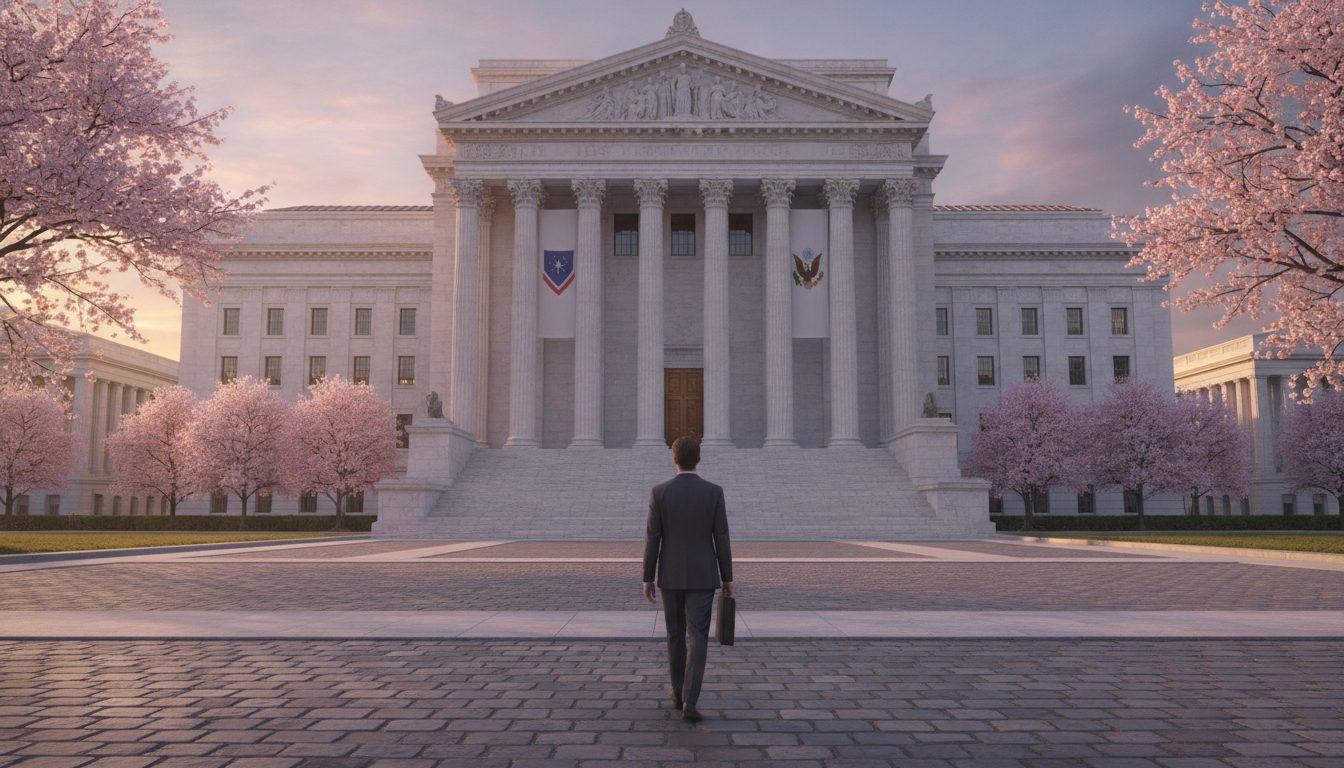 A person walking toward a grand government building with white columns.