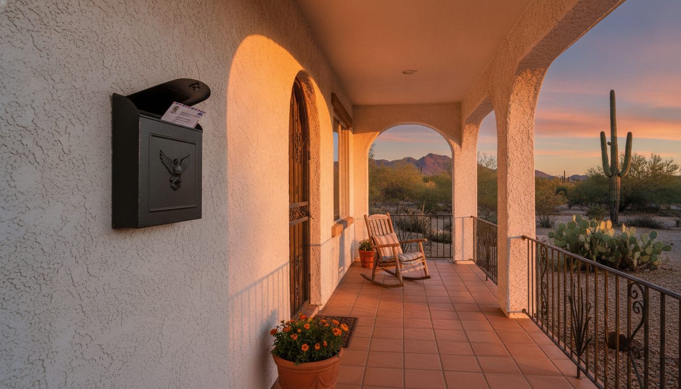 An official envelope in a mailbox on an Arizona porch at sunset.