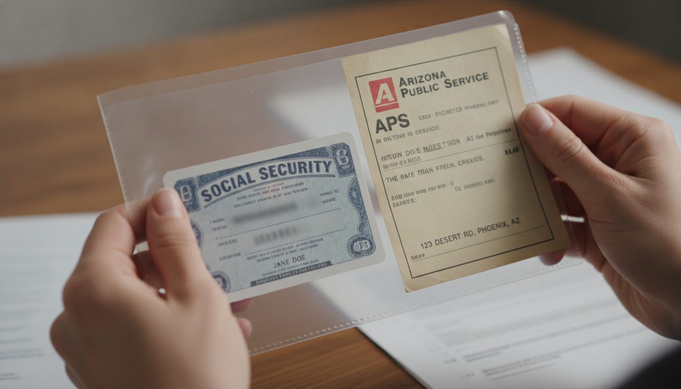 Hands holding a folder with ID and an old utility bill.