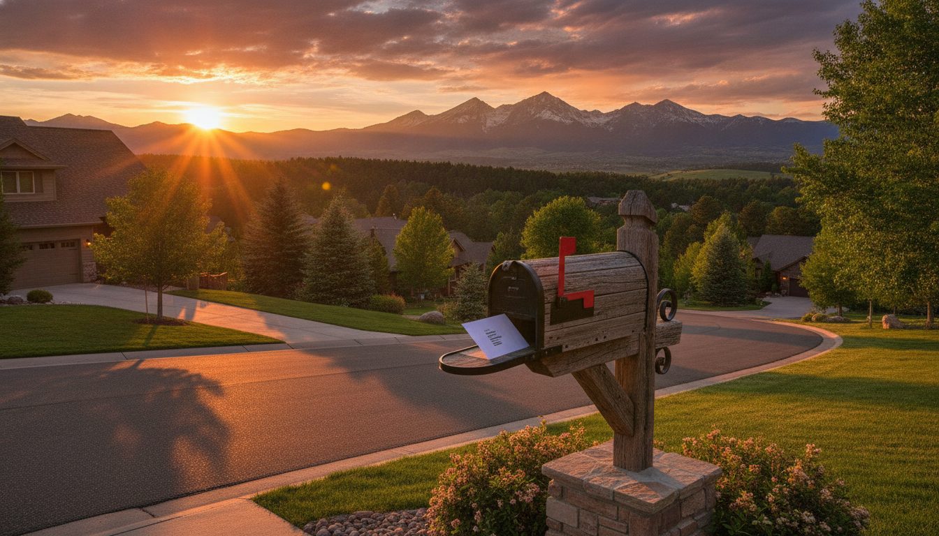 A Colorado residential mailbox at sunset with an envelope inside.