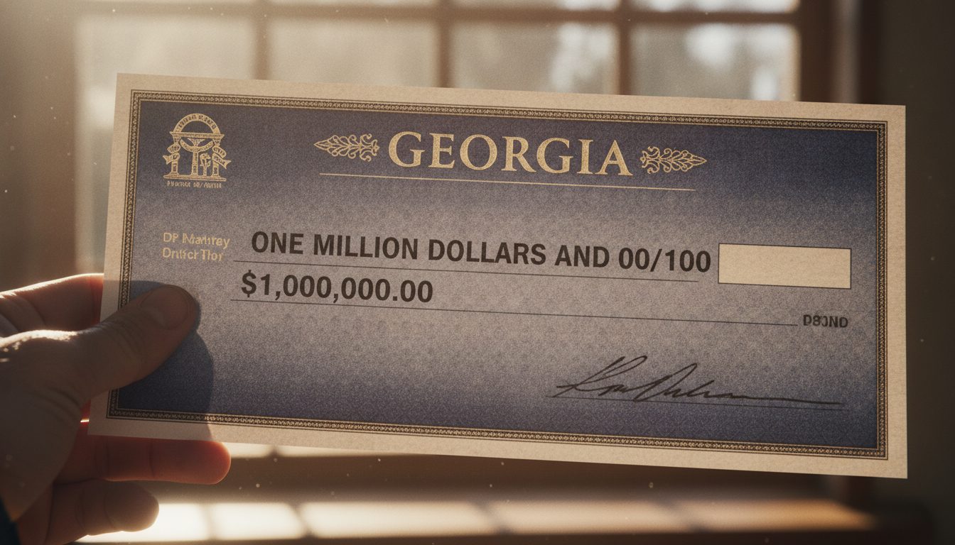 A hand holding a Georgia state treasury check.