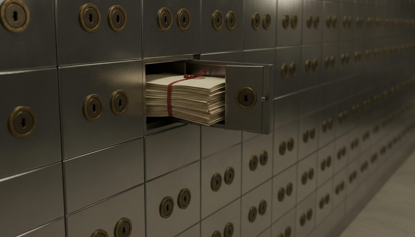 A row of safe deposit boxes inside a secure bank vault.