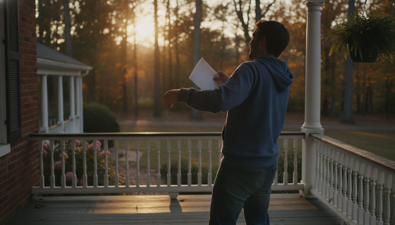 A person on a porch reacting with surprise to an official Maryland claim letter.