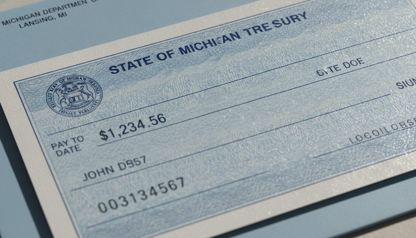 A close-up of a Michigan state treasury check in an envelope.