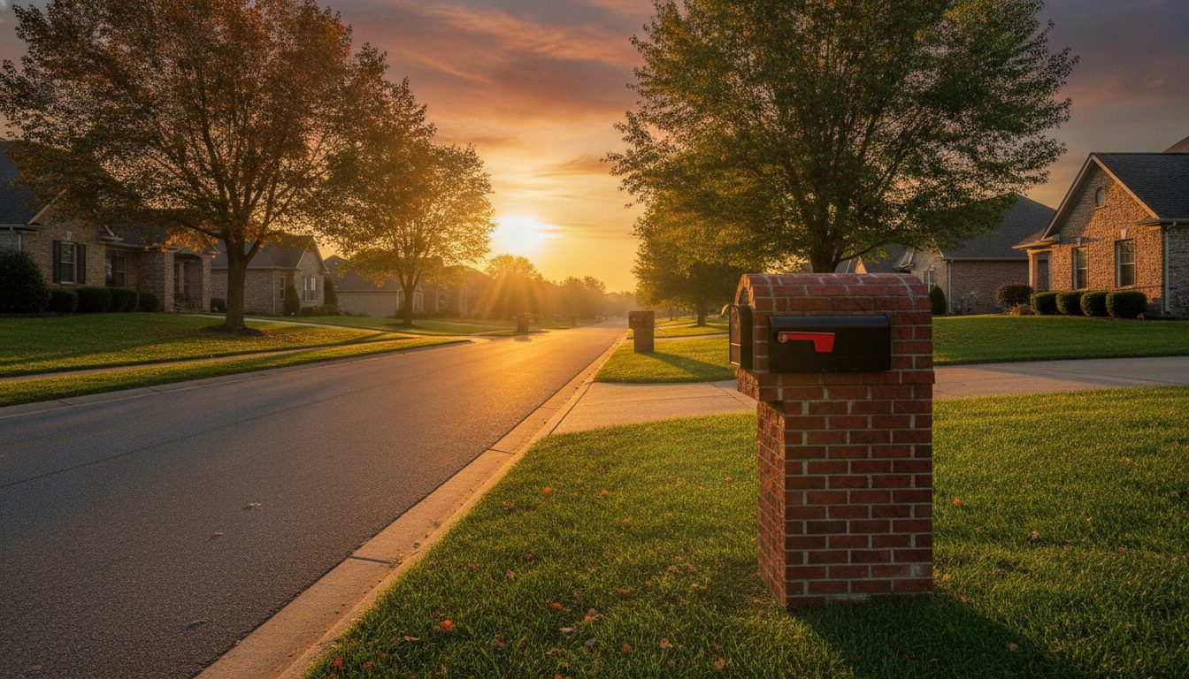 A Missouri suburban mailbox at sunset with the flag raised.