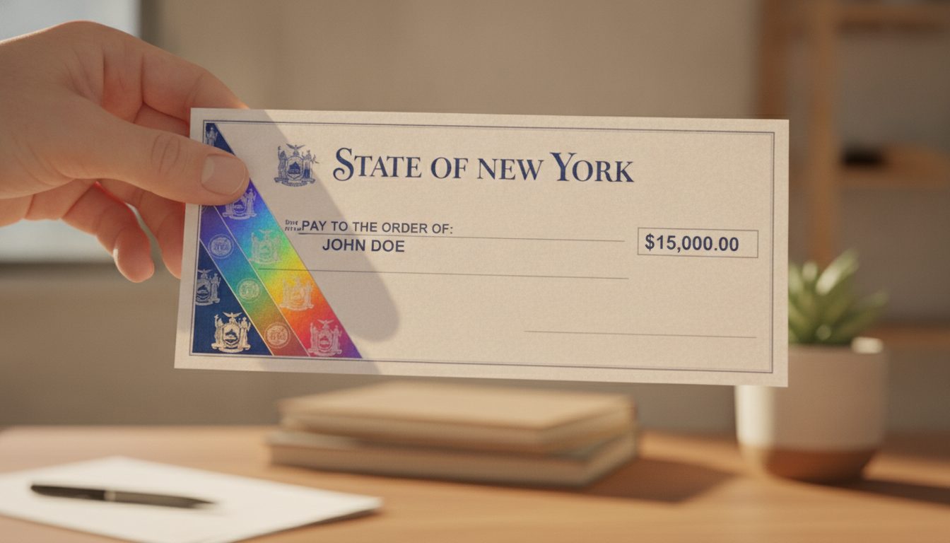 A close-up of a New York state check being held by a resident.