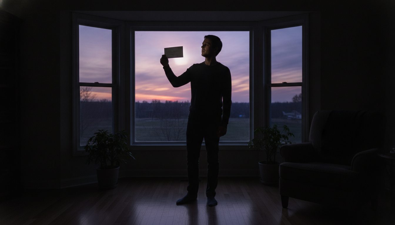 A silhouette of a person holding a check by a window at sunset.
