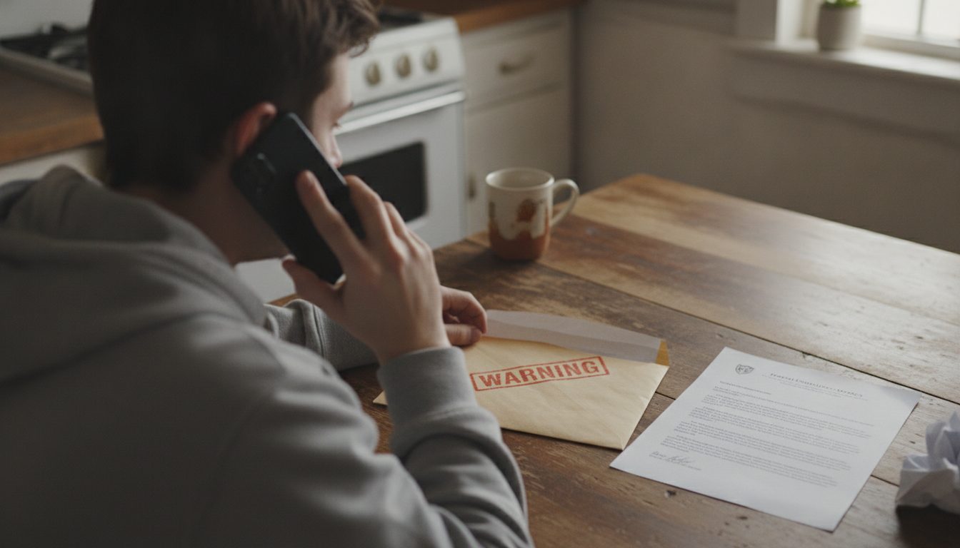Person at kitchen table reviewing a suspicious letter while on the phone.