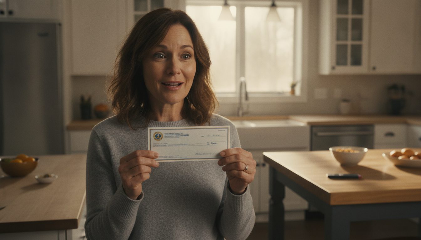 A person reacting with surprise to an unclaimed property check in a kitchen.