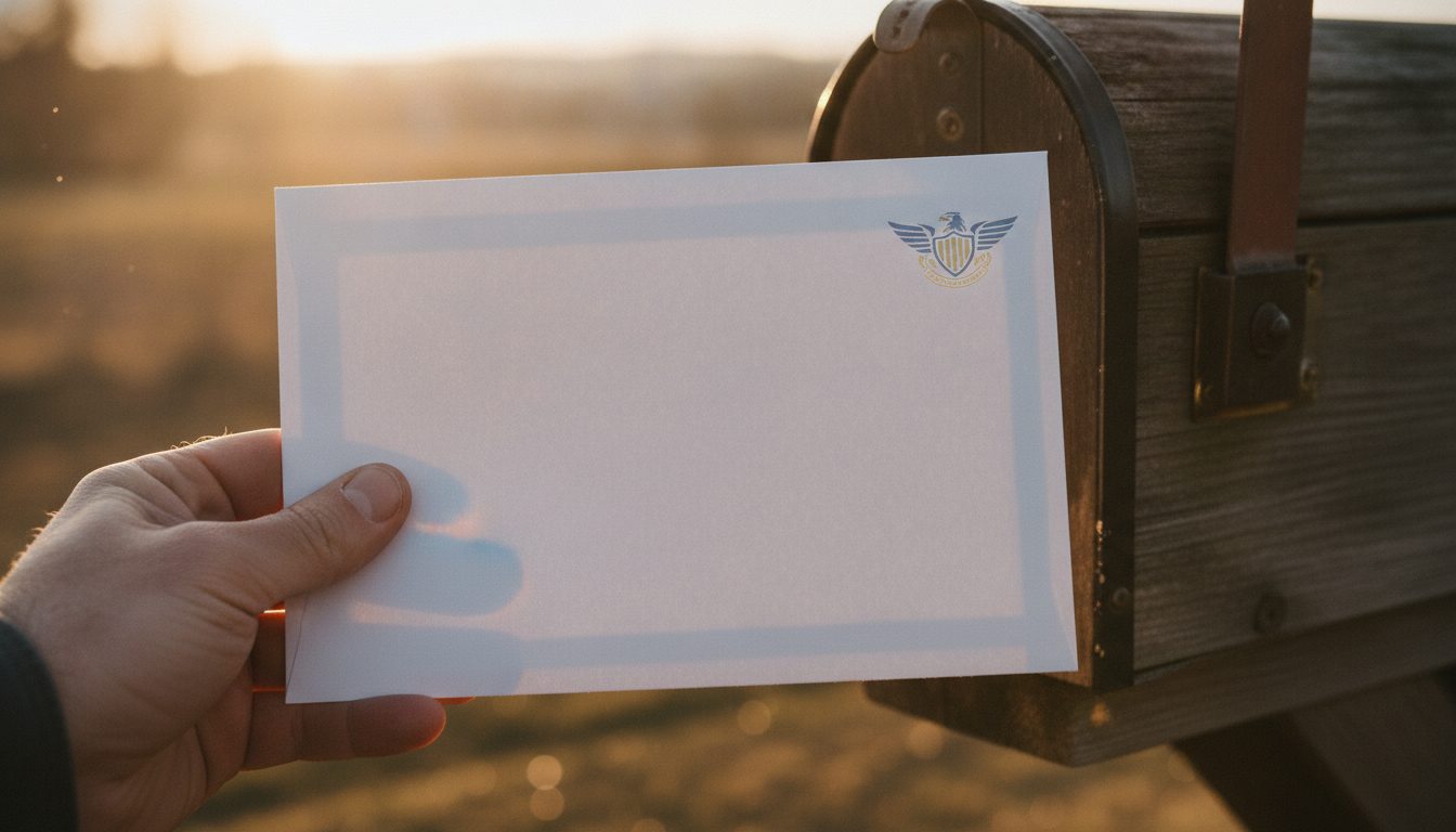 A hand holding a government envelope in front of a mailbox.