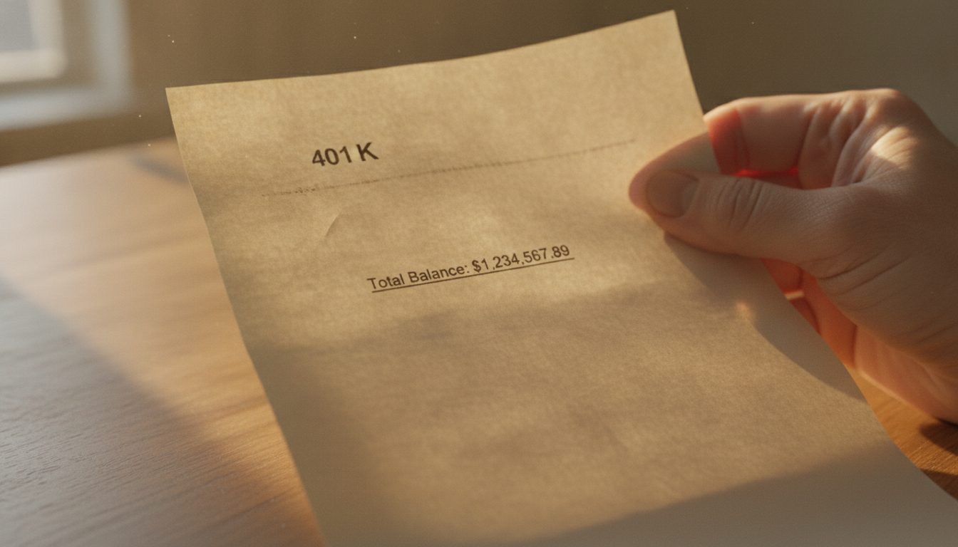 A hand holding an old 401k statement showing a balance.