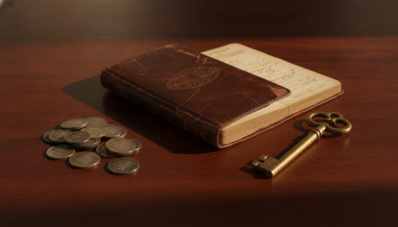 A vintage bank passbook, a brass key, and old silver coins.