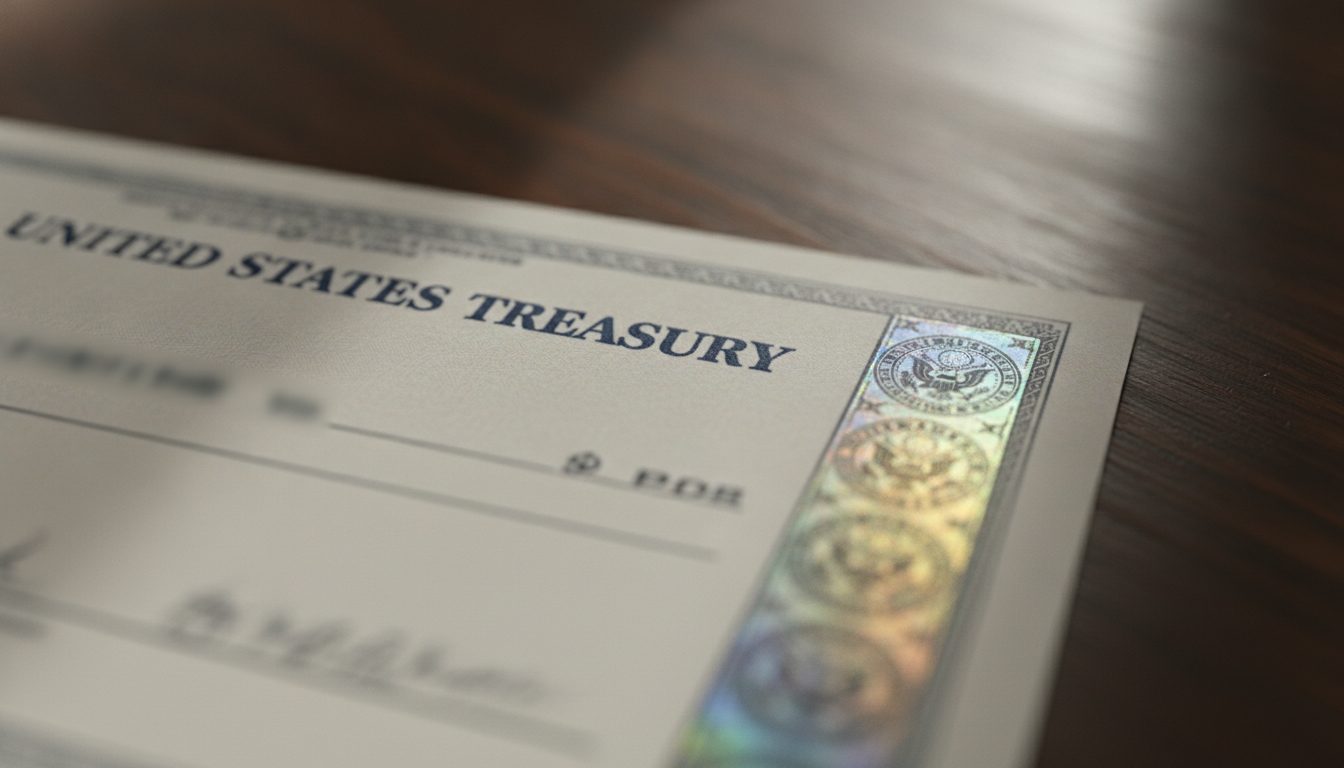 Macro shot of a U.S. Treasury check showing paper texture.