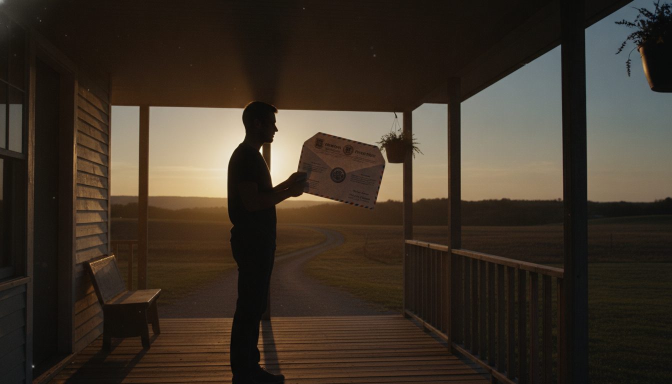 A silhouette of a person holding an official check envelope at sunset.