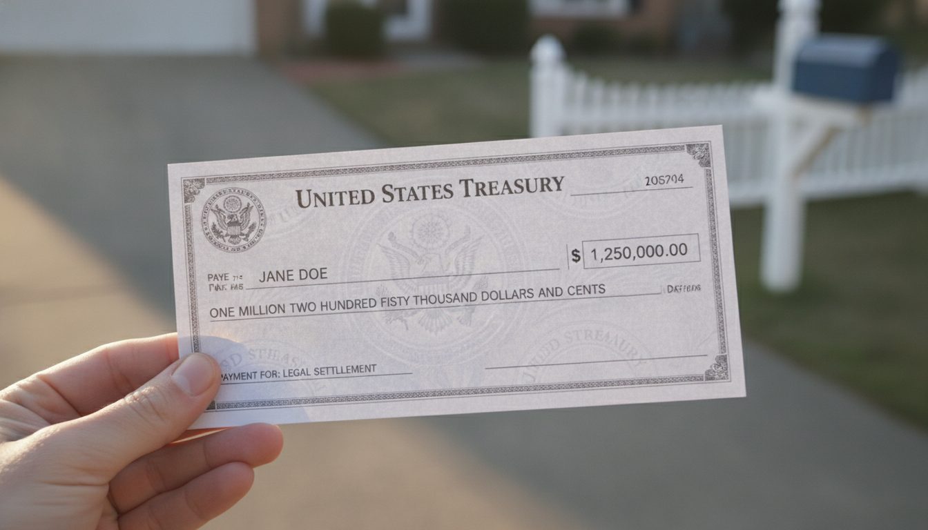 A hand holding a government settlement check in front of a mailbox.