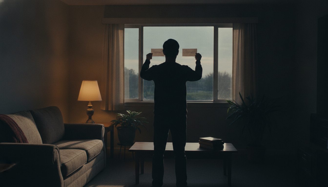 A silhouetted person holding a disaster assistance check in their home.