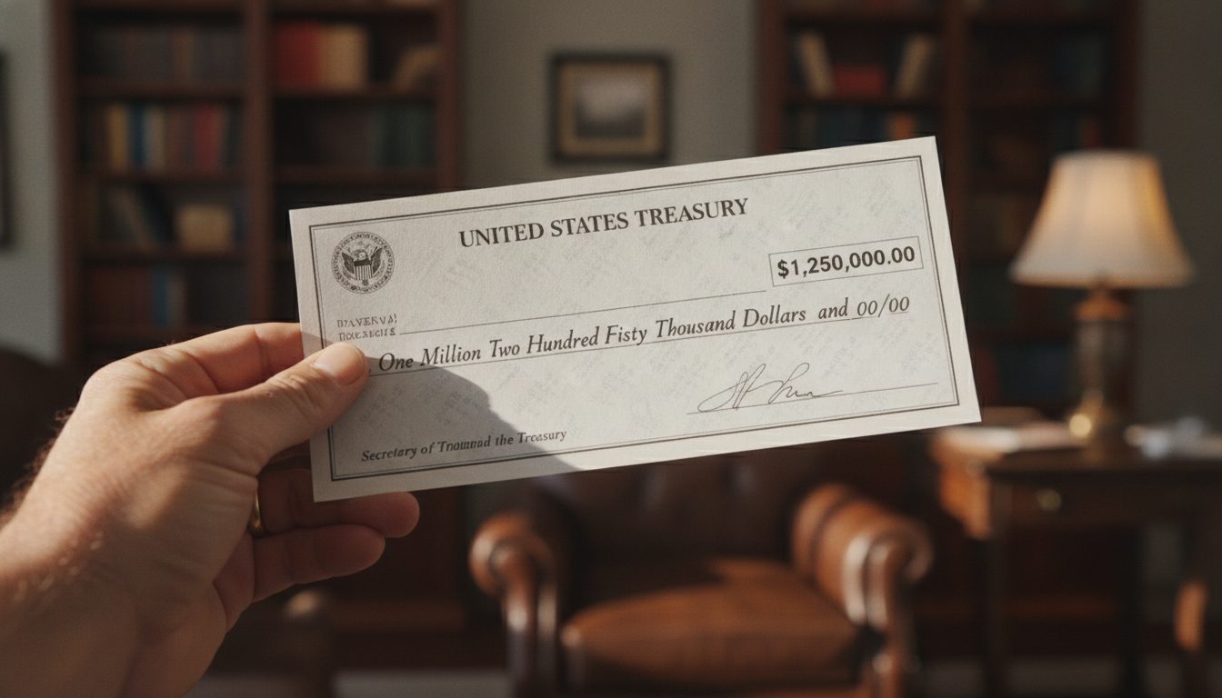 A hand holding a federal treasury check in warm sunlight.