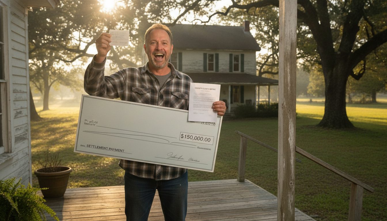 A man smiling with a check and official letter on his porch.