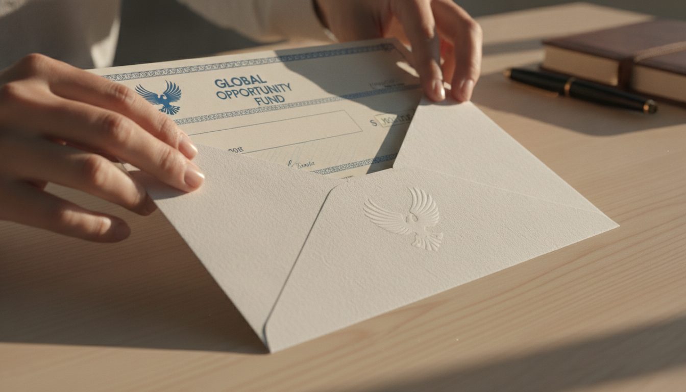Hands unfolding a formal envelope to reveal a large check.