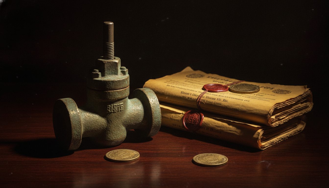 A vintage brass oil valve and old mineral deeds.