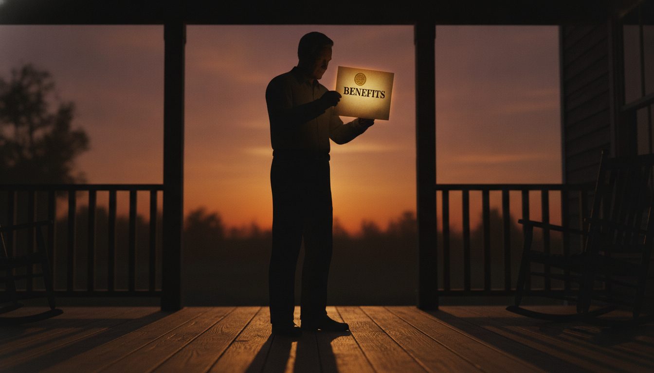 A person's silhouette holding a government benefit letter at sunset.
