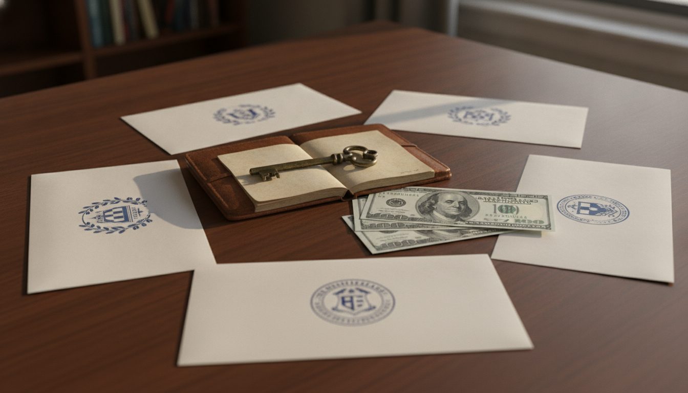 A still life of state envelopes, a vintage key, and cash on a desk.
