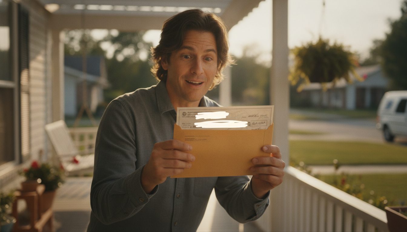 A person on a porch reacting with joy while opening an official check