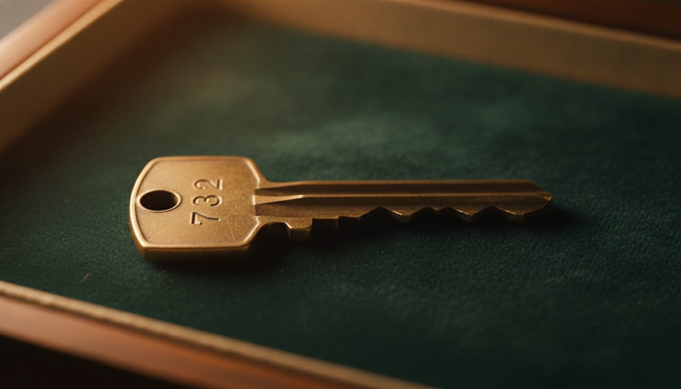 A close-up of an old brass safe deposit box key on a velvet tray.