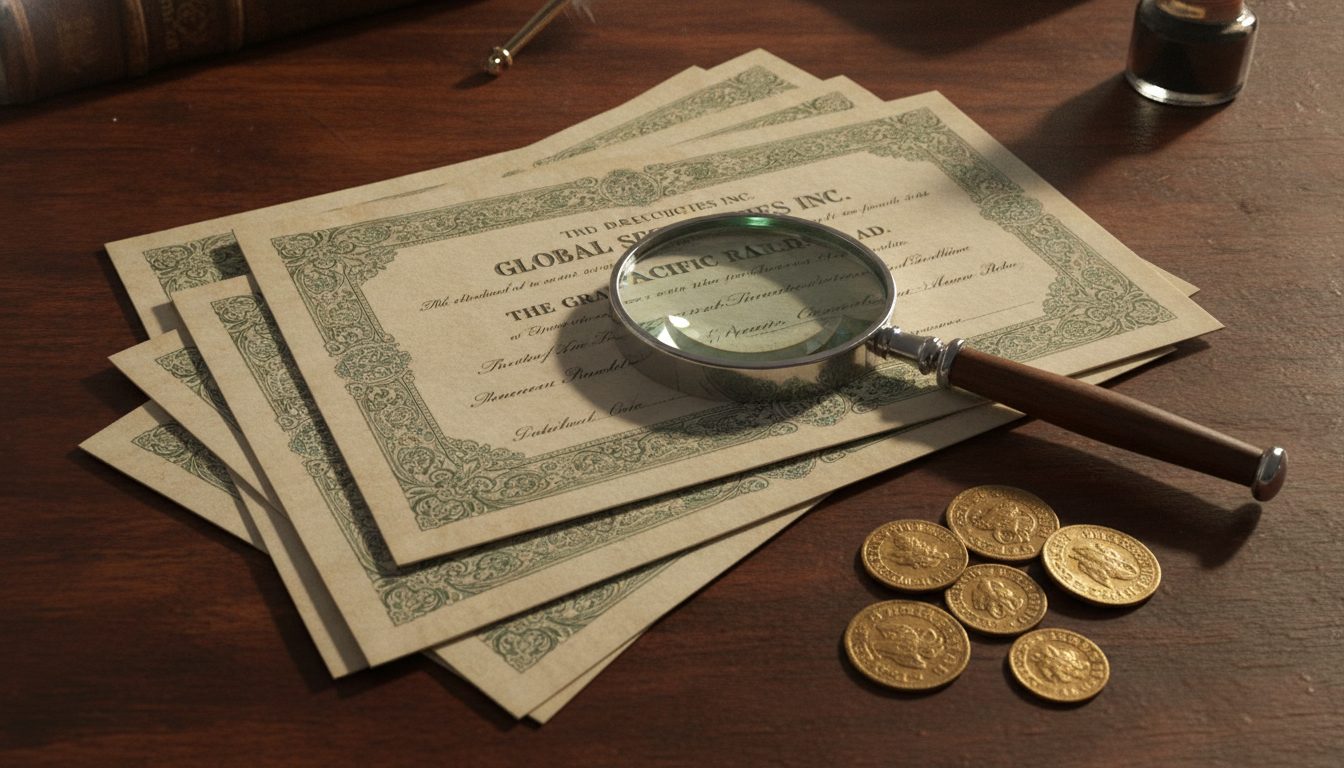 Vintage stock certificates, a magnifying glass, and gold coins on wood.