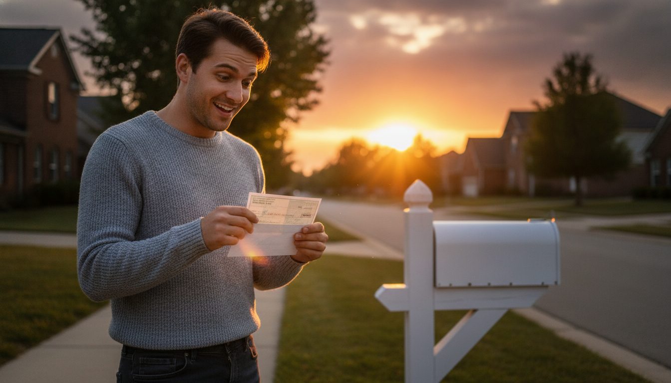 A person reacting with surprise to a check from the mailbox.