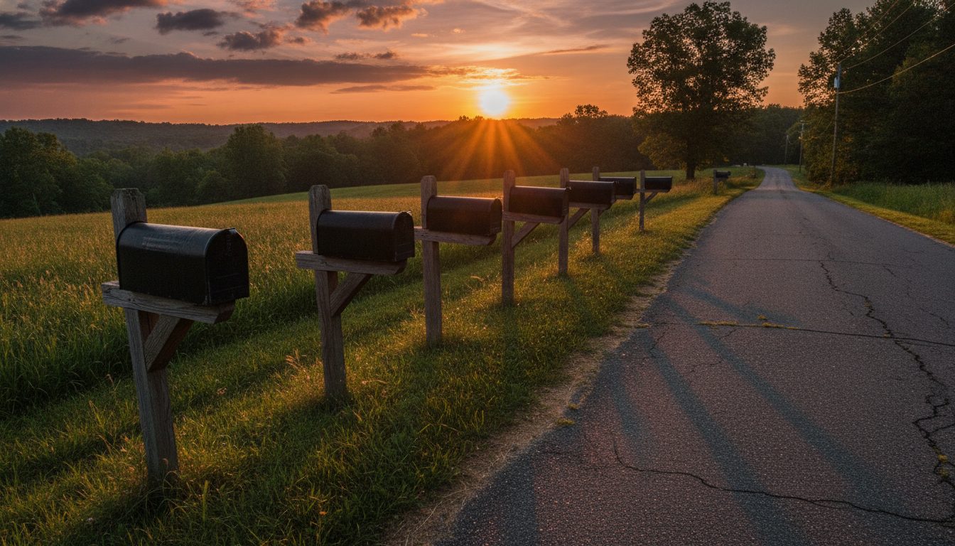 A row of roadside mailboxes in golden sunset light.