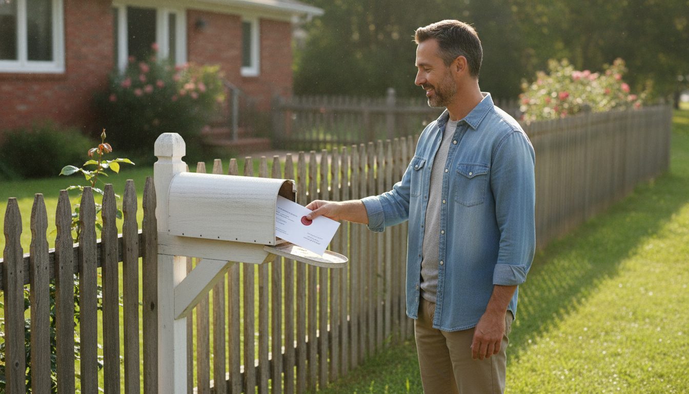 A person checking their mail at a rural mailbox in the sunlight.