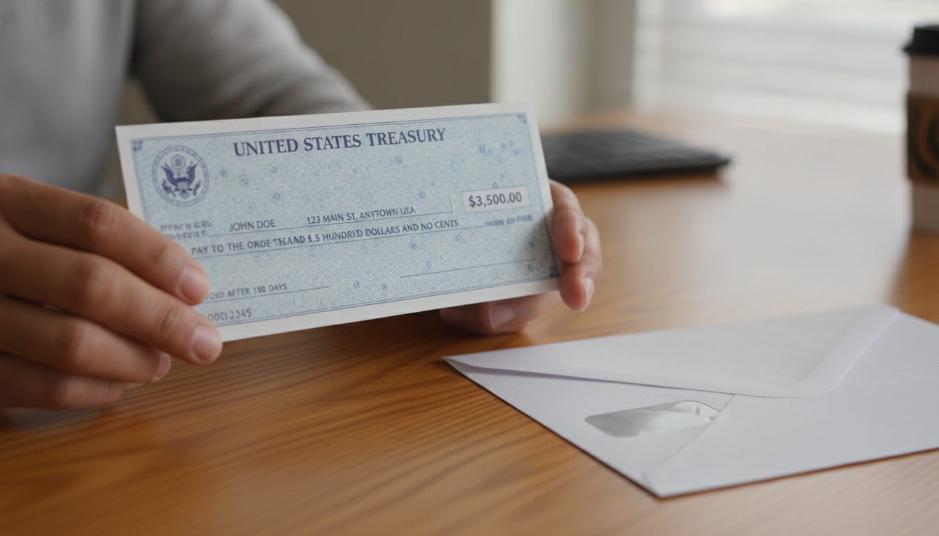 A person holding an official check they received from a state treasury claim.