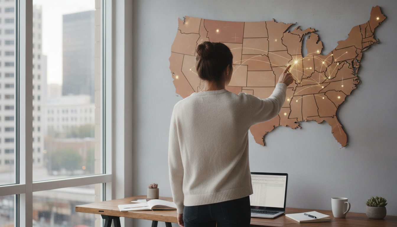 A person examining a U.S. map to compare different state programs.