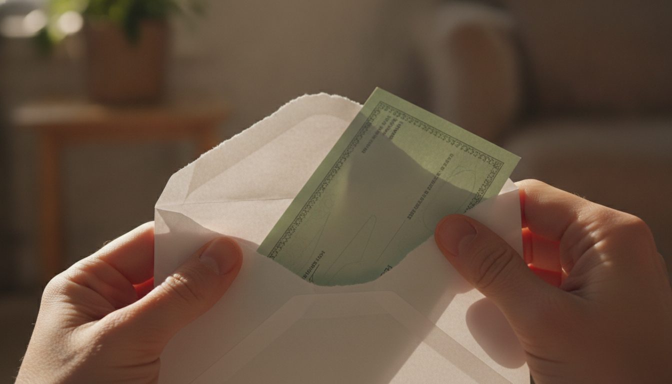 A close-up of a person's hands opening an official-looking document to reveal a government benefit check.