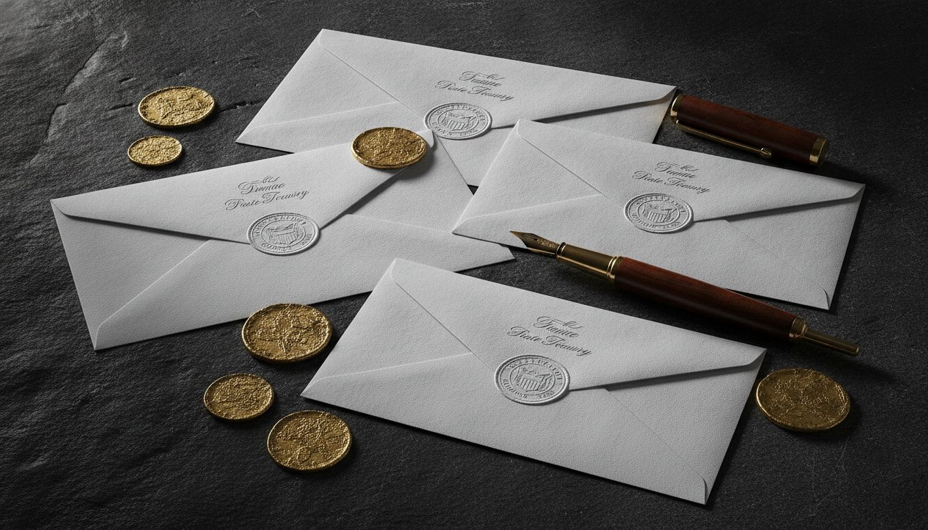A professional still life of state treasury envelopes and coins.